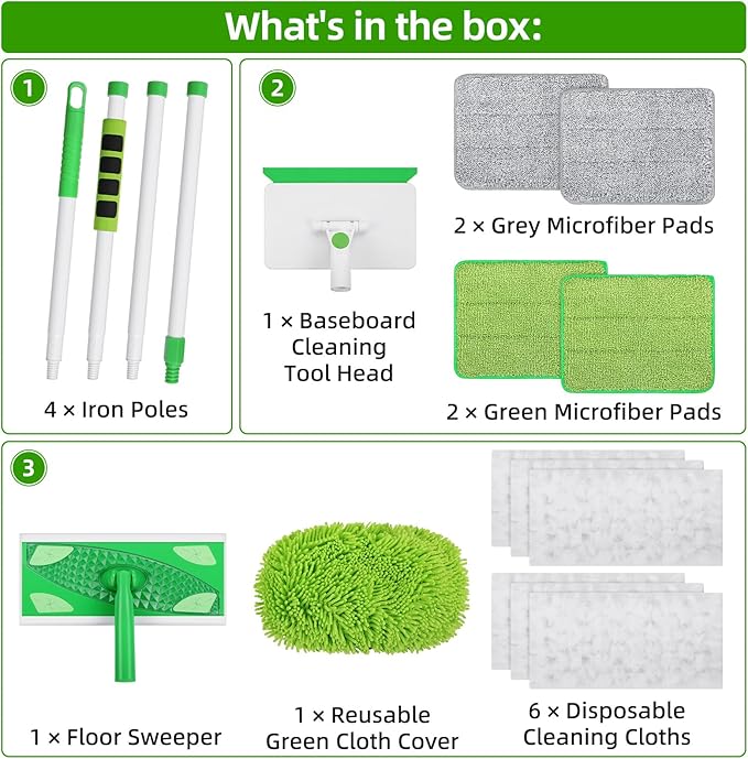 Baseboard Cleaner Tool with Handle, Extendable Long Handle Baseboard Floor Cleaning Tool Duster with Reusable Pads for Floorboard