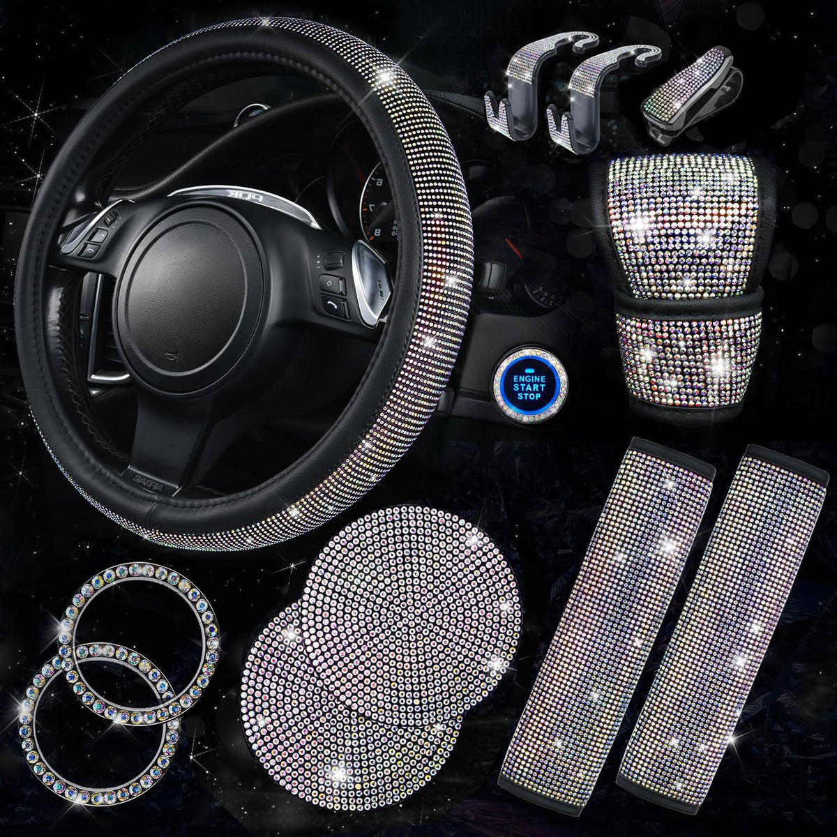 11 PCS Bling Diamond Car Accessories for Women, Sparkly Rhinestone Steering Wheel Cover Bling Seat Belt Cushion, Glitter Shift Knob Cover Car Cup Holder Coaster, Cute Interior Sets Multicolor