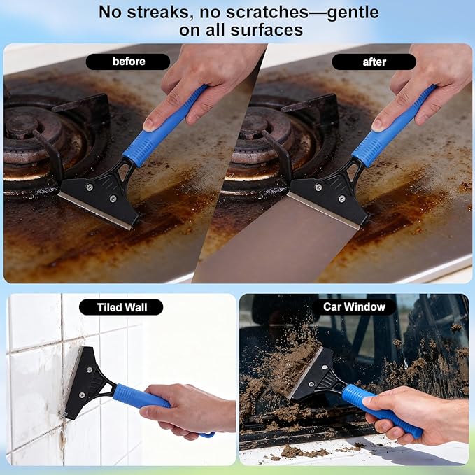 3-in-1 Professional Window Squeegee Kit with 2 Squeegee, 2 Microfiber Scrubber, 1 Razor Scraper, Thick Iron, 63.4" Window Squeegee with Extension Pole for Car, Glass, Mirror, Wall, Bathroom, Home, Van