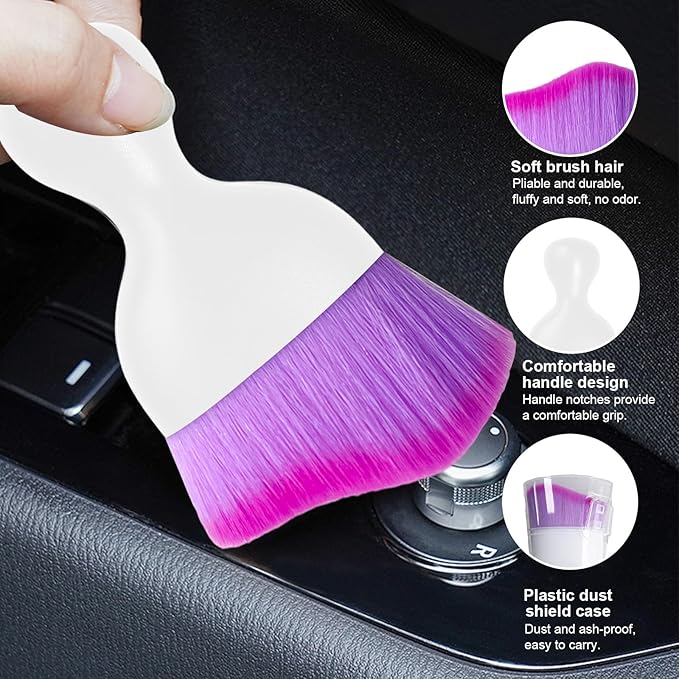 Ziciner Car Detailing Brush, Curved Soft Bristles Auto Removal Dust Collectors, Universal Vehicle Dashboard, Air Conditioner Vents etc Interior Cleaning Tool Accessory (White/Purple)