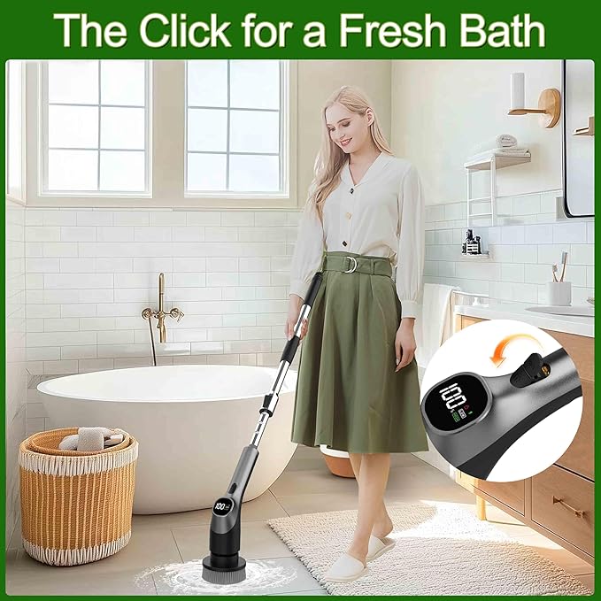 Electric Spin Scrubber, Shower Scrubber with Long Handle Adjustable LCD Display, 2 Speed Shower Cleaner, 7 Replaceable Brush Heads Bathroom Cleaning Brush, Bath Tub Power Scrubbers Black G3