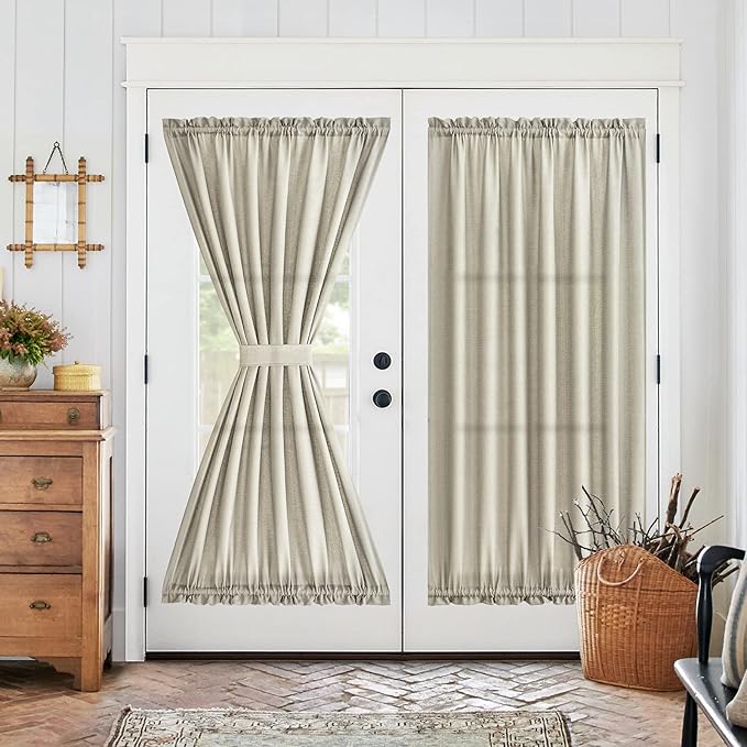 jinchan French Door Curtain Panels - Beige 72 Inch Privacy Light Reducing Textured Door Shade - Casual Weave Rod Pocket - 1 Piece