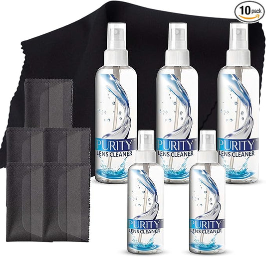 Purity Eyeglass Cleaner Mega Pack - Multi-Size Lens Cleaner Kit - 2x2oz, 3x8oz Bottles + 5 Black Premium Microfiber Cloths - Safe for All Lenses, Eyeglasses, and Screens - Streak-Free Formula