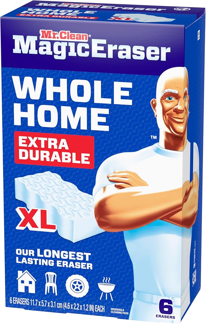 Mr. Clean Magic Eraser Sponge, All Purpose Cleaner, Long Lasting Cleaning Scrubber,Wall,Sneaker,Oven, Kitchen, Bathroom Cleaner, Shower Cleaning Supplies, Whole Home Extra Durable XL, 6ct (Pack of 3)