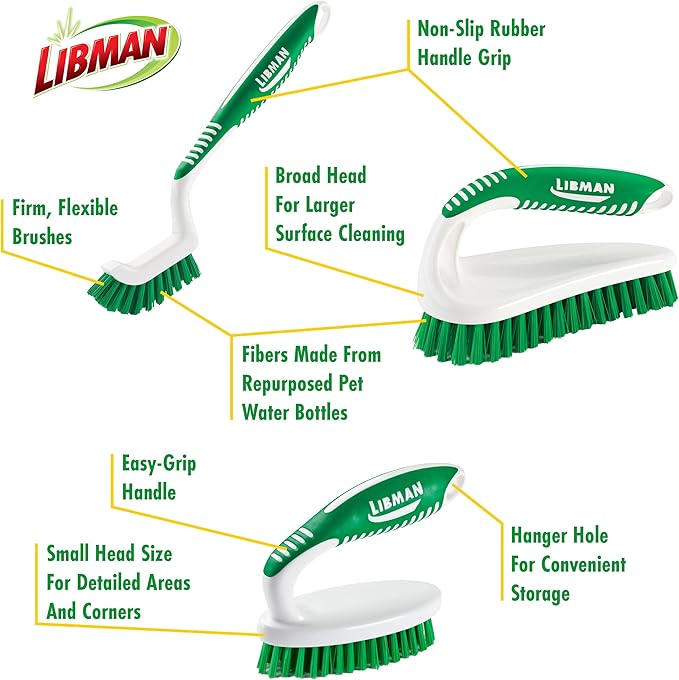 Libman Scrub Brush Kit | Cleaning Brush | Tile & Grout Brush | Small Scrub Brush | Power Scrub Brush | Carpet Brush | Bathroom Scrubber | Boot Scrubber | 3 Different Brushes Included