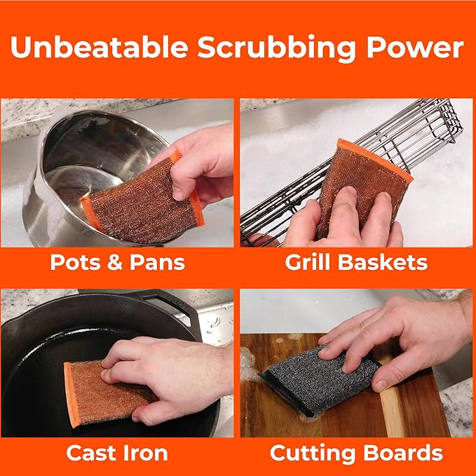 Heavy-Duty Steel Wool Scrubber Sponges 4 Pack – Stainless Steel Cleaning Pads for Dishes, Pots, Pans, Grills & Ovens – Durable Multi-Surface Kitchen Scrubbing Tools for Tough Grease & Burnt Food