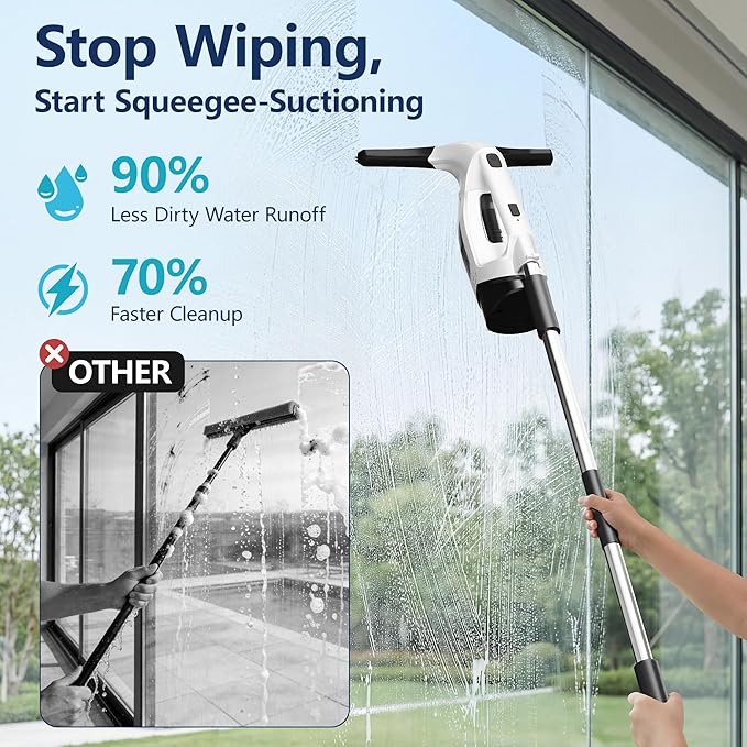 Window Vacuum Squeegee Cordless with Extendable Pole 31-40", 2000Pa Electric Window Cleaner with 2200mAh and 150ml Dirty Water Tank, Long Handle Shower Squeegee for Glass Door, Windows (White)