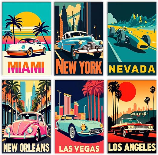 Tucocoo Retro Rracing Cars Paint by Numbers Kits for Adults Beginners 6 Pack Frameless Acrylic Oil Number Paintings Kits