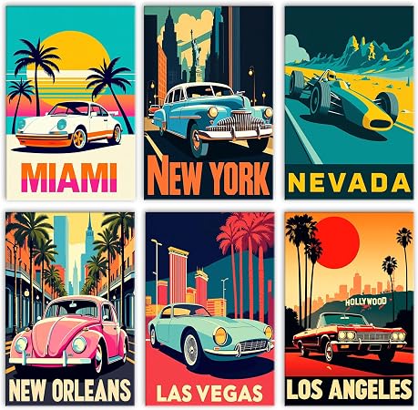Tucocoo Retro Rracing Cars Paint by Numbers Kits for Adults Beginners 6 Pack Frameless Acrylic Oil Number Paintings Kits