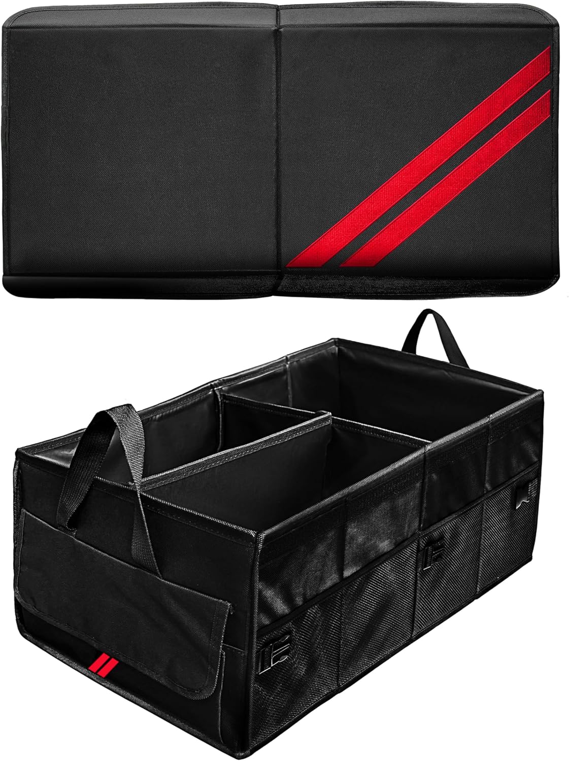 Car Trunk Organizer for Dodge Charger Durango Challenger Ram Collapsible Storage Box with Handle Foldable Lid Non Slip Bottom 2 Compartment Sturdy Base Panel for Dodge Accessories(Red Trim)