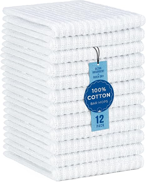 DecorRack 12 Pack 100% Cotton Bar Mops, 12 x 12 in, Ultra Absorbent
