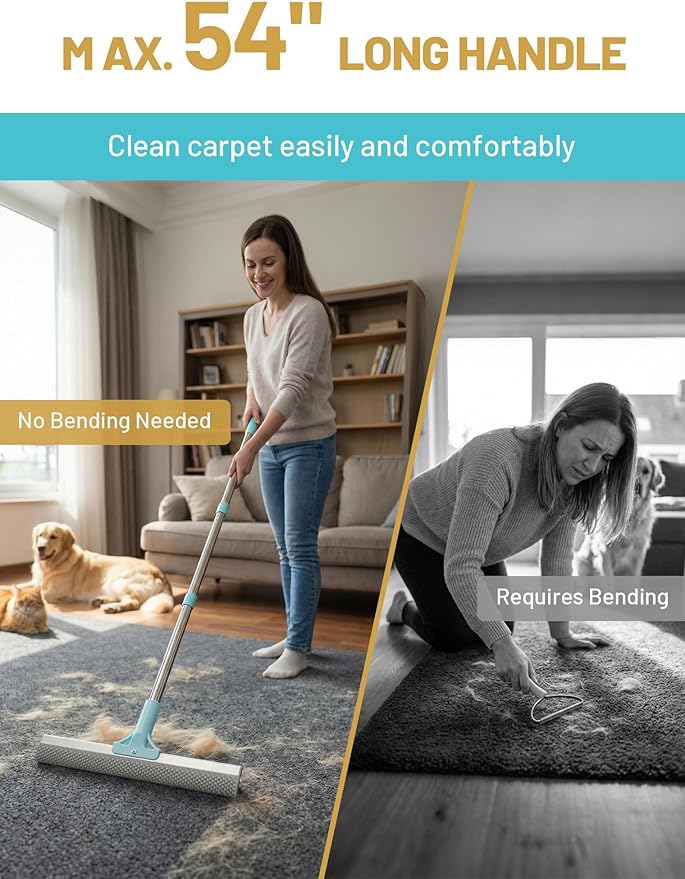Carpet Rake for Pet Hair Removal: DELOMO Carpet Scraper Broom with 54” Adjustable Long Handle, Dual-Sided, Metal + Short Silicone for Carpets & Rugs, Extended Silicone for Shag Rugs & Hard Floors