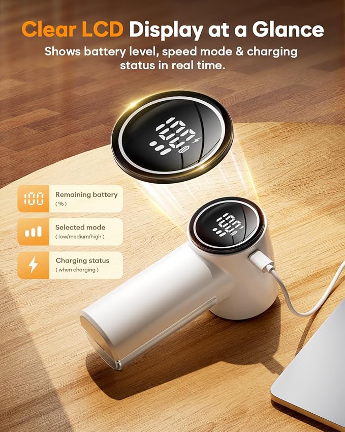 Fabric Shaver, Lint Remover Rechargeable, 6-Blade Lint Remover with LCD Display & 3 Speeds, Portable for Clothes, Sweaters, Couches, Blankets, Includes 3 Replacement Blades, Pearl White