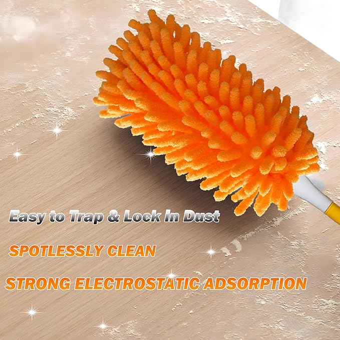 Reusable Duster for Swiffer, 360 Heavy Duty Duster Refill Compatible with Swiffer Hand Dusters for Dusting Furniture, Blinds, Ceiling Fans, Walls and More, 6 Refills +1 Handle, Orange