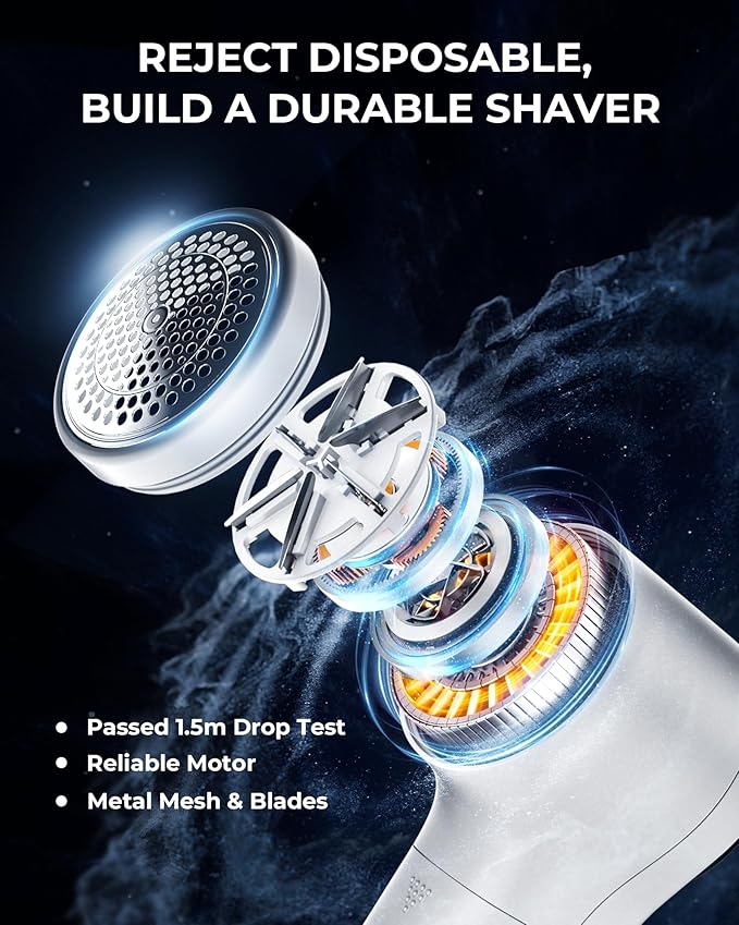 FrSara Fabric Shaver, Rechargeable Lint Remover, 3-Speed Electic Lint Shaver, 6-Blade Sweater Shavers to Remove Pilling, Battery Powered with LED Display for Furniture,Clothes, Upholstery, White