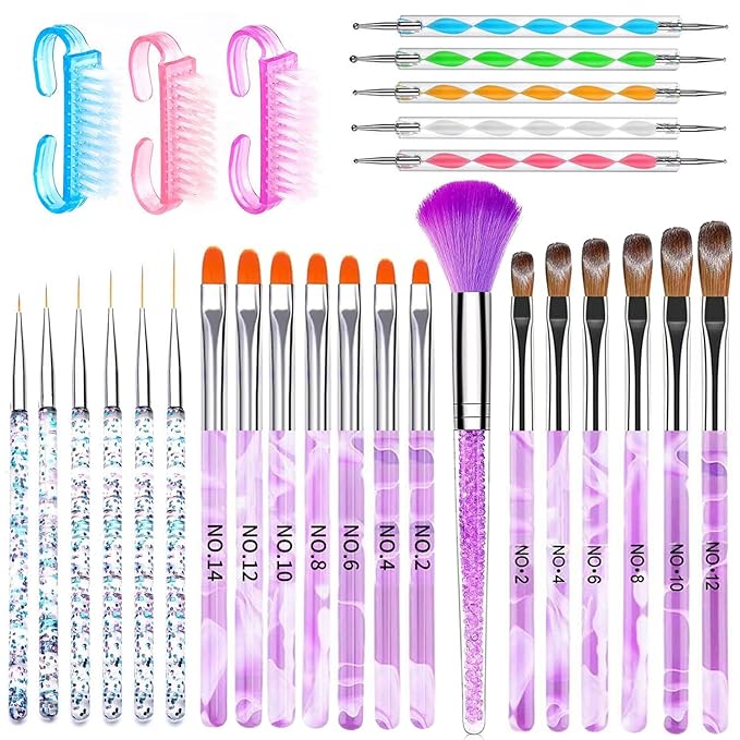 28Pcs Purple Nail Art Brush Set, Acrylic Nail Brushes, Gel Nail Brush, Nail Dust Brush, Nail Dotting & Liner Tool, Professional Manicure Tool Kit for Acrylic Powder Application, Sculpting & Cleaning