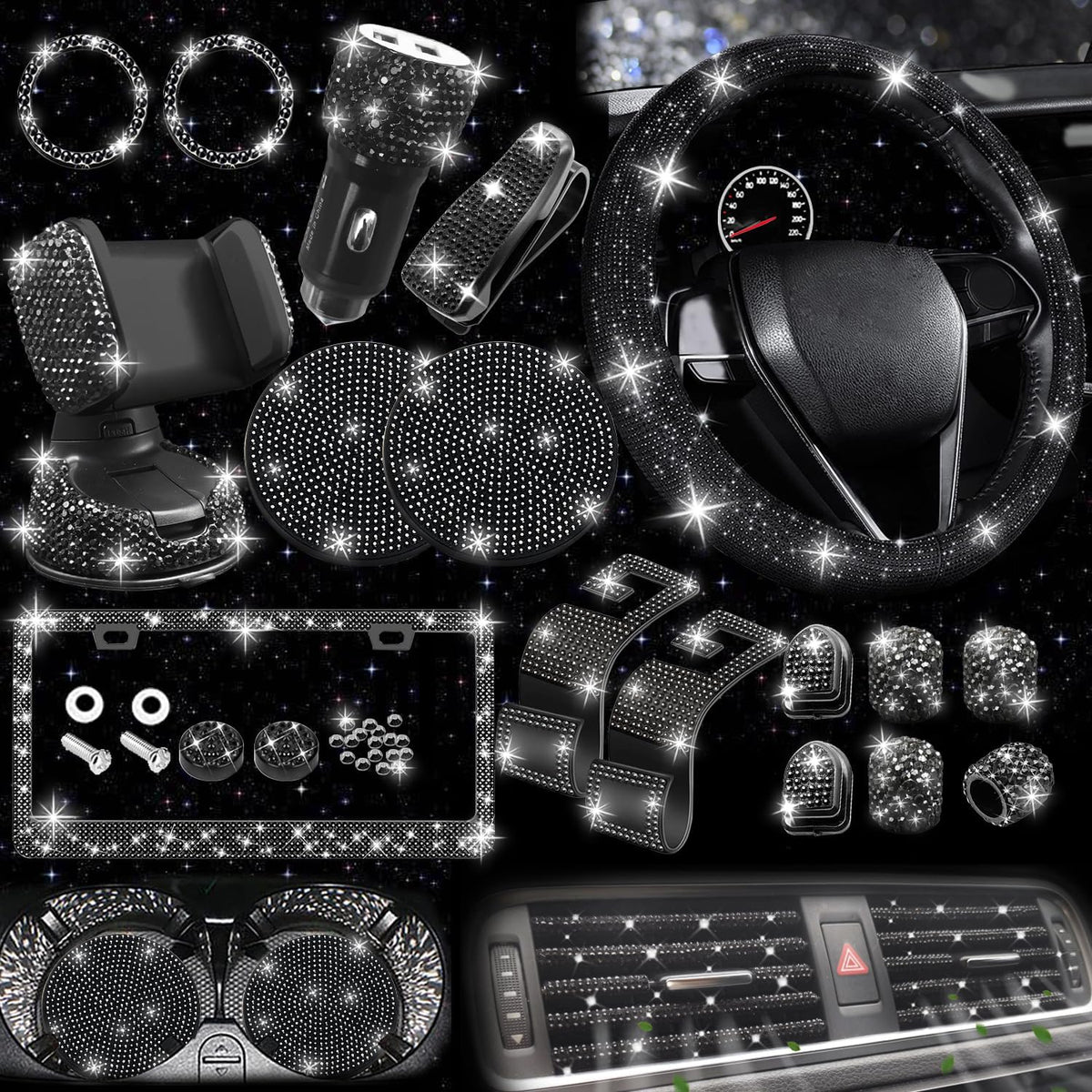 27 PCs Black Bling Car Accessories Set for Women, Steering Wheel Covers Universal Fit 15 Inch, Bling License Plate Frame, Bling Phone Holder, Bling Car Coasters (Black Diamond)