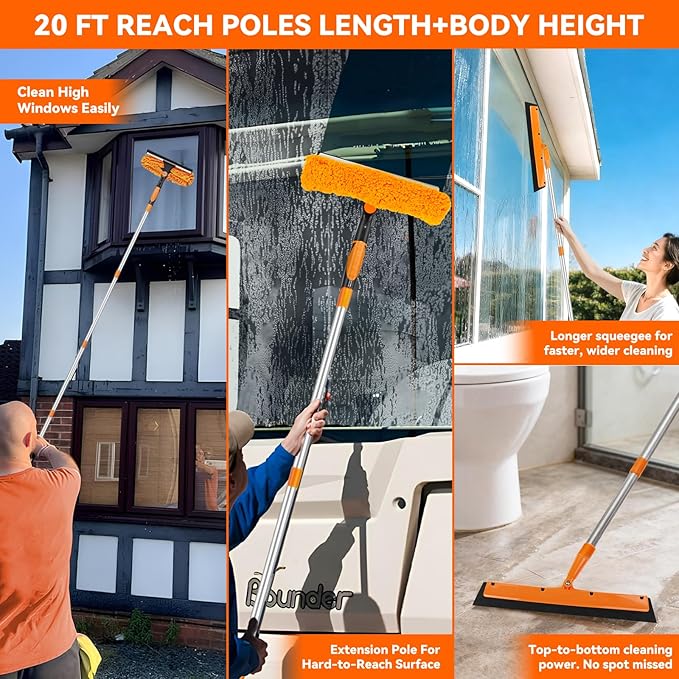 Window Cleaning Tools Window Squeegee: 2 in 1 Double-Sided Professional Cleaner Window Washing Kit with Extension Pole 20+ Ft Duster for High Ceilings Microfiber Scrubber for Indoor Outdoor High Glass