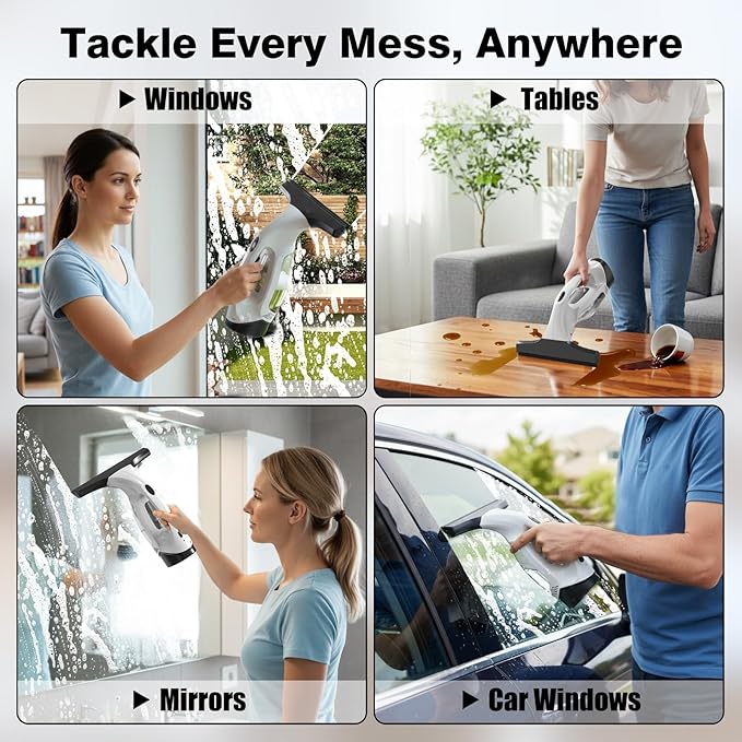 Window Vacuum Squeegee Cordless, 2000Pa Electric Window Cleaner Tool with 2200mAh & 150ml Water Collection Tank, Cleaning Kit Shower Squeegee for Glass Doors, Tiles, Mirrors, Car (White)