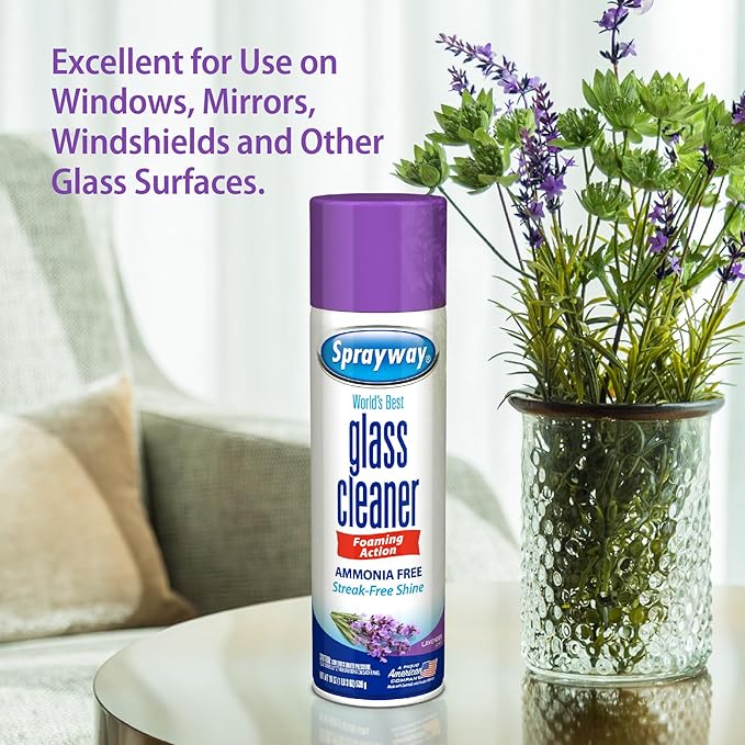 Sprayway Glass Cleaner Lavender Scent Foaming Aerosol Spray, 19oz, Ammonia-Free, Streakless, Fast-Acting | Cleans & Polishes Glass Surfaces | Removes Fingerprints, Dust, Dirt, 6 Count (Pack of 2)