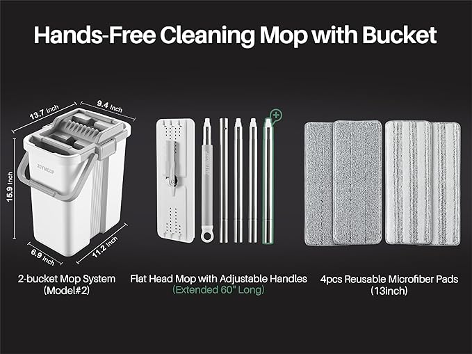 JOYMOOP Flat Mop System, Microfiber Mop and Bucket Set, White, Household & Commercial Floor Cleaning Mop with Long Handle, Hands-Free Cleaning System