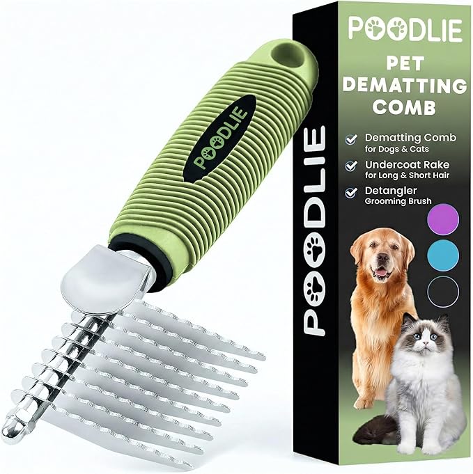 Poodle Dematting Fur Rake Comb Brush for Dogs and Cats - Long 2.5" Steel Safety Blades Metal Comb for Detangling Matted or Knotted Undercoat Hair (Green)