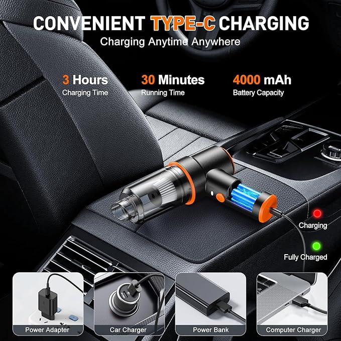 KMM Handheld Car Vacuum Cleaner, 11000PA Vacuum Cleaner & Air Duster, 120W High Power Vacuum Portable Cordless, Hand Held Vacuum Rechargeable with Multi-Nozzles & LED Light for Home, Car, Office