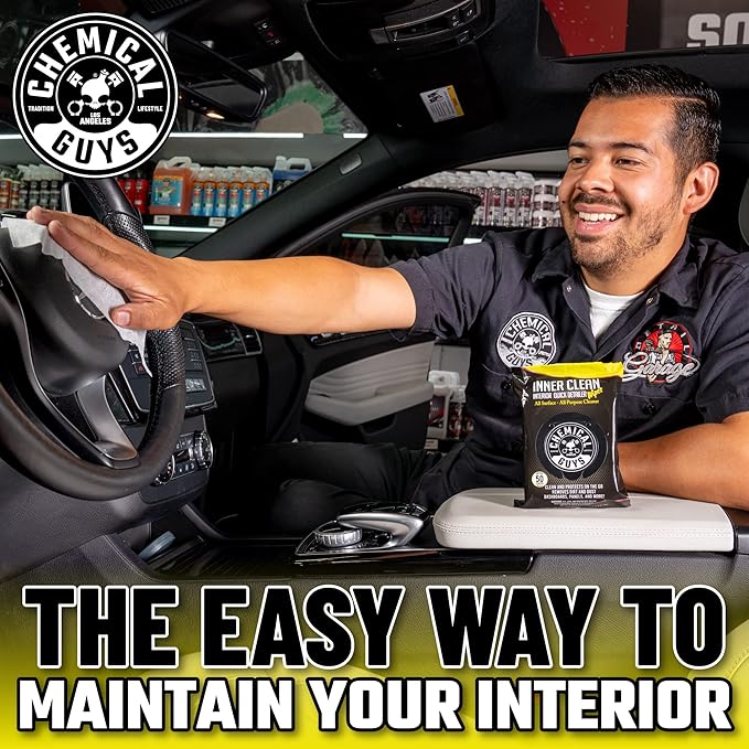 Chemical Guys InnerClean Interior Quick Detailer & Protectant Wipes – 50 Pack Multi Surface Interior Cleaner Wipes for Dashboards, Doors and Seats – Safe for Cars, Trucks, SUVs, RVs and Home Use