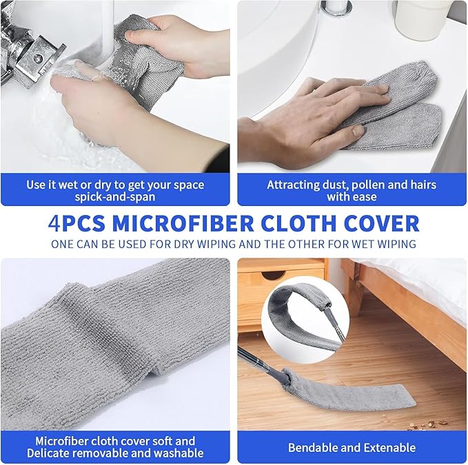 Retractable Gap Dust Cleaner, Extendable Gap Duster with 4 Microfiber Dusting Cloths Long, Under Appliances Cleaning Tools with Extendable Pole,Under Refrigerator, Furniture, High Ceiling