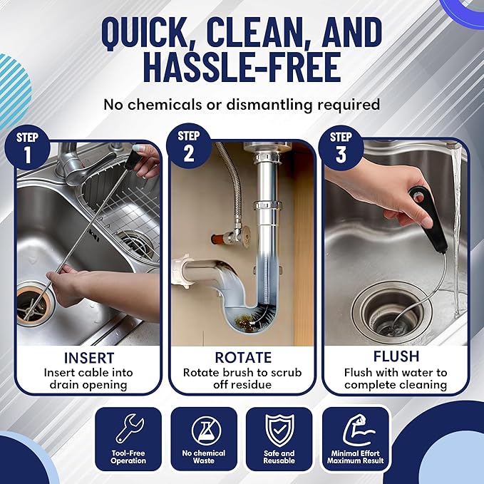 48" Flexible Tube Brush – Long Pipe Snake for Sink - AC Condensate Line Cleaning - Flexible Pipe Cleaner Brush for Hair, Food & Clog Removal - Cleaner Tool – B313C by FryOilSaver Co.