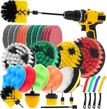 32 Pack Drill Brush Attachments Set Scrub Pads Sponge Buffing Pads Crevice Cleaning Brush for Home Bathroom Car Kitchen 