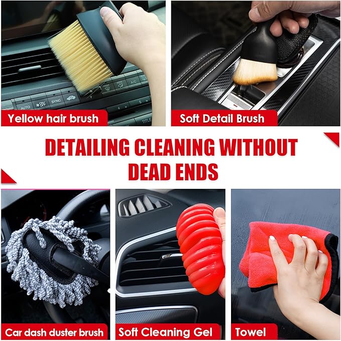 17PCS Car Cleaning Kit, Car Interior Detailing Kit with Red High Power Handheld Vacuum, Detailing Brush Set, Windshield Cleaner, Cleaning Gel, Complete Auto Accessories for Women