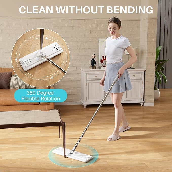JOYMOOP Flat Mop System, 8L Mop and Bucket Set with Extension Handle, White, Large Capacity Floor Cleaning Mop for Household & Commercial Use, Includes 5 Microfiber Pads for Wet & Dry Cleaning