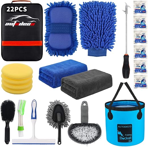 22Pcs Car Wash Cleaning Tools Kit Car Detailing Set with Black Canvas Bag Collapsible Bucket Wash Mitt Sponge Towels Tir