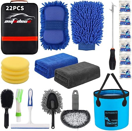 22Pcs Car Wash Cleaning Tools Kit Car Detailing Set with Black Canvas Bag Collapsible Bucket Wash Mitt Sponge Towels Tir