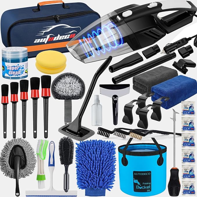 41Pcs Car Cleaning Wash Kit Interior Detailing Cleaner Kit with High Power Handheld Vacuum, Collapsible Bucket, Windshie