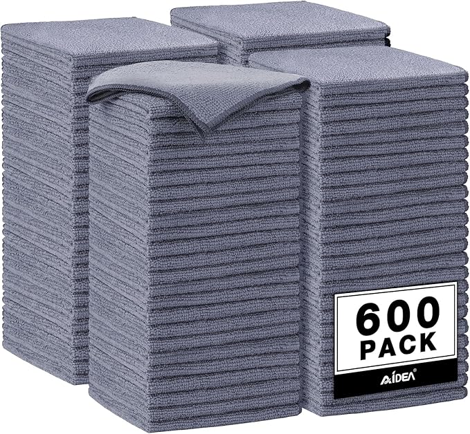 AIDEA Microfiber Cleaning Cloth Grey, 600PK, Microfiber Towels for Cars, Shop Towels Cleaning Rags, Premium Wash Cloths, Absorbent Towel for SUVs, House, Kitchen, Commercial, Cleaning Supplies 12×12"
