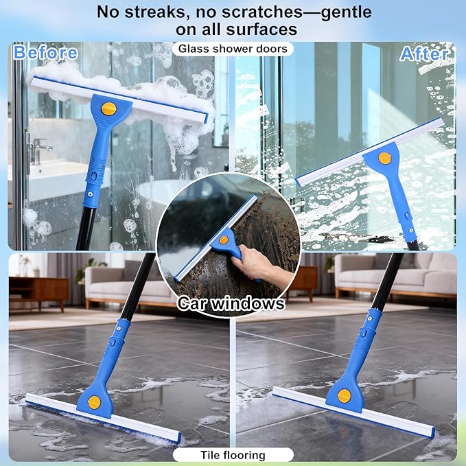 3-in-1 Professional Window Squeegee Kit with 2 Squeegee, 2 Microfiber Scrubber, 1 Razor Scraper, Thick Iron, 48.8" Window Squeegee with Extension Pole for Car, Glass, Mirror, Wall, Bathroom, Home, Van