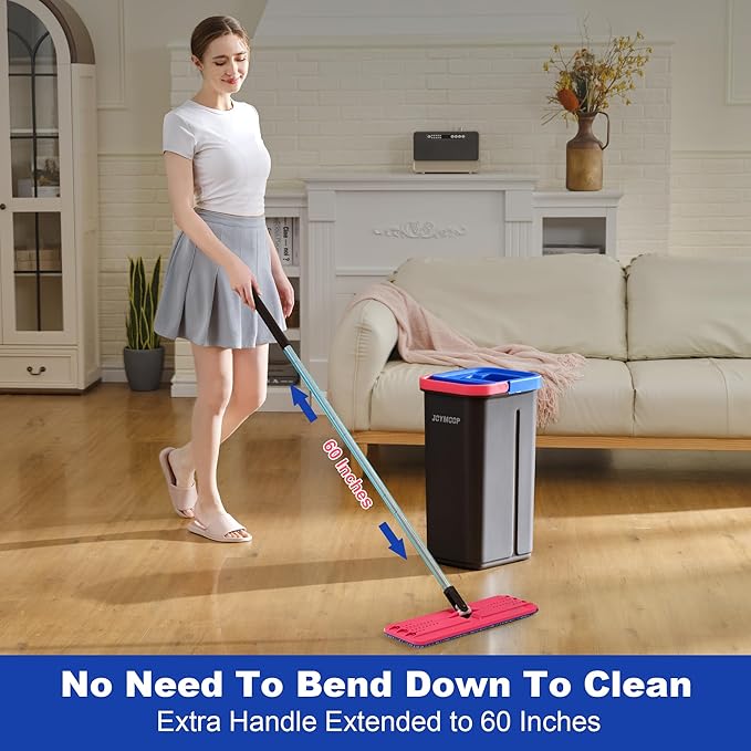 JOYMOOP Flat Mop System, Microfiber Mop and Bucket Set, Black, Household & Commercial Floor Cleaning System for Hardwood, Tile & Glass, Wet Dry Use, 60" Handle, 3 Pads
