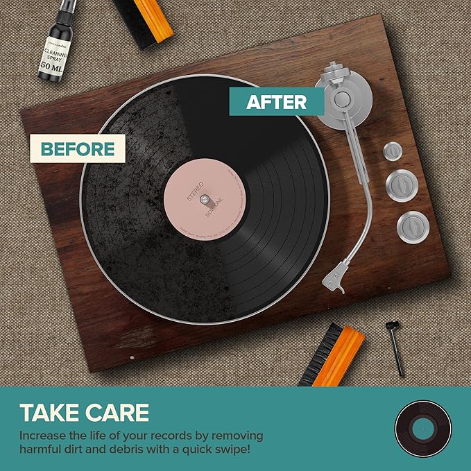 Stock Your Home Vinyl Record Cleaning Kit – 6-Piece Set with Vinyl Cleaner Spray, Anti-Static Velvet Brush, Needle Cleaning Gel & Brush, Drawstring Duster Bag