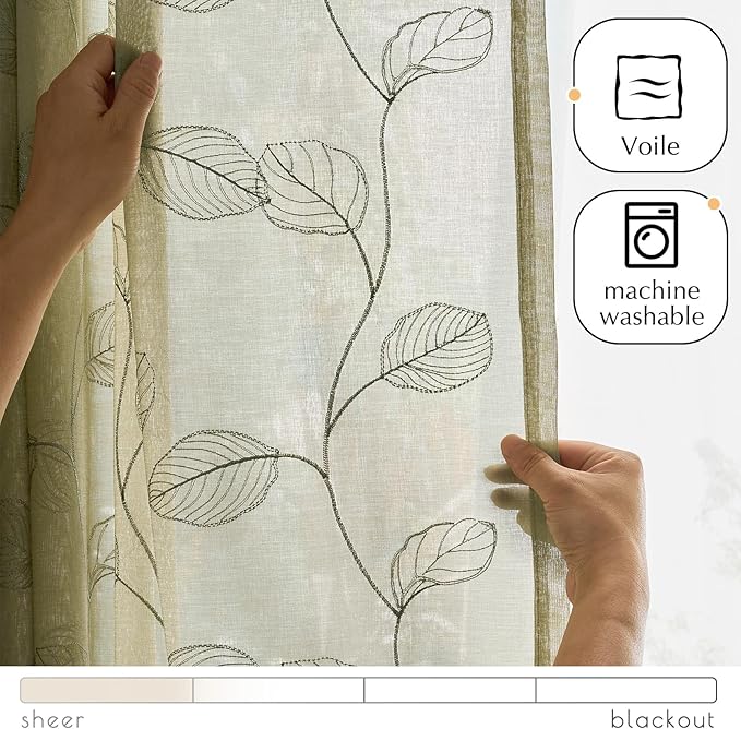 jinchan French Door Curtain Privacy Rustic Leaf Embroidered Semi Sheer Voile Front Curtain for Window Doorway Closet, Door Panel with Tieback Rod Pocket 1 Panel 55W x 40L Inch Sage Green