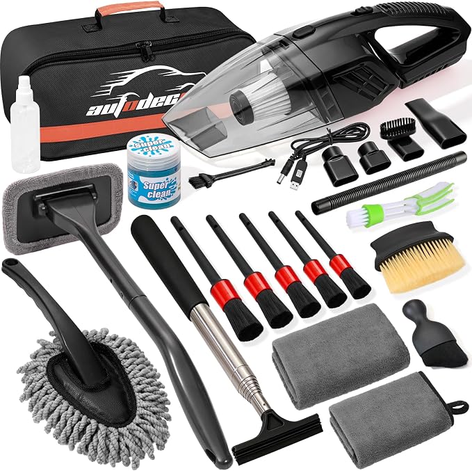 Car Cleaning Kit, Car Interior Detailing Kit with 12000PA Black Handheld Vacuum, Brush Set, Windshield Tool, Duster, Tow