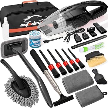 Car Cleaning Kit, Car Interior Detailing Kit with 12000PA Black Handheld Vacuum, Brush Set, Windshield Tool, Duster, Tow