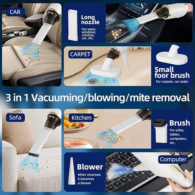Cordless Car Vacuum Cleaner with UV Light, 2-in-1 Suction & Blower, Mini Handheld Vacuum with HEPA Filter, LED Light, 4 Nozzles for Deep Cleaning Home, Sofa, Pet Hair, Keyboard (White)
