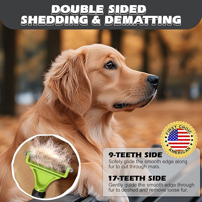 3PCS Pet Grooming Rake & Metal Comb & Flea Comb for Cats and Dogs, Double-Sided Dematting Tool, Extra-Wide Deshedding Dog Brush for Long Hair to Effectively Remove Tangles, Knots and Mats (Green)