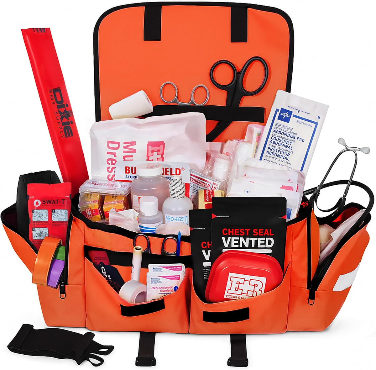 Fully Stocked EMT Trauma Bag – Tactical First Responder Medical Kit with Tourniquet, Chest Seals, Bleeding Control, Gauze, Shears & Bandages – Orange