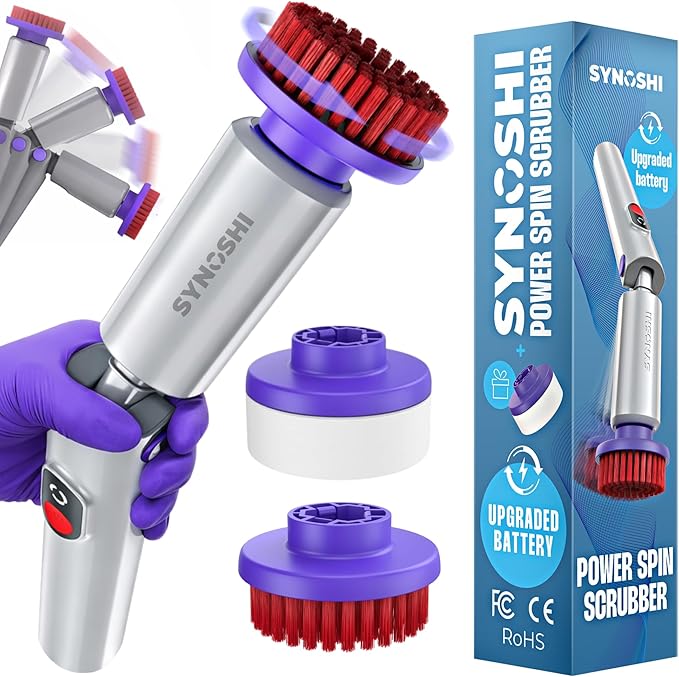 SYNOSHI PRO Electric Spin Scrubber, Cordless Cleaning Brush Bathroom Scrubber. Waterproof Shower Cleaner Brush with Adjustable Angles, 2 Speed, 180Min Work Time for Floor, Bathtub, Kitchen, Car, Tub
