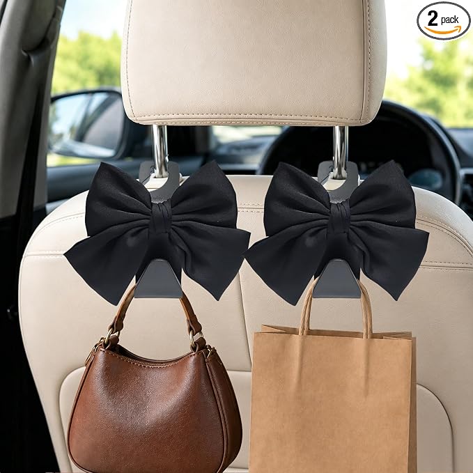 2-Pack Cute Bow Car Purse Hooks, Headrest Hangers, Black silk