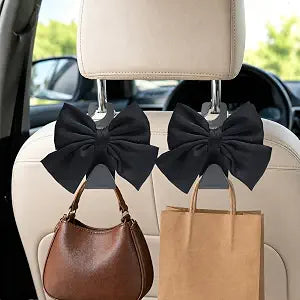 2-Pack Cute Bow Car Purse Hooks, Headrest Hangers, Black silk