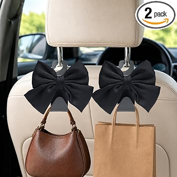 2-Pack Cute Bow Car Purse Hooks, Headrest Hangers, Black silk